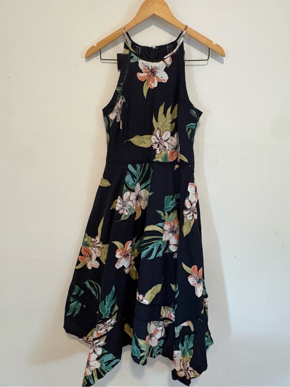 Lulu's Black Halter High-Low Dress with Peach Floral & Green Leaves